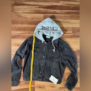 Celine Black Denim Jacket with Light Gray Logo Hoodie